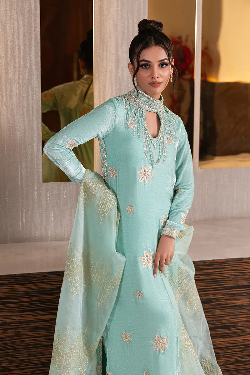 Ice blue velvet shirt with embellished neckline and intricate design