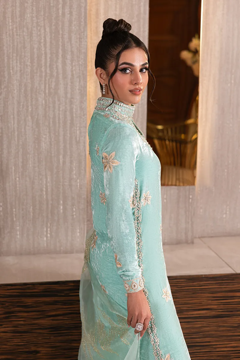 Ice blue velvet shirt with embellished neckline and intricate design