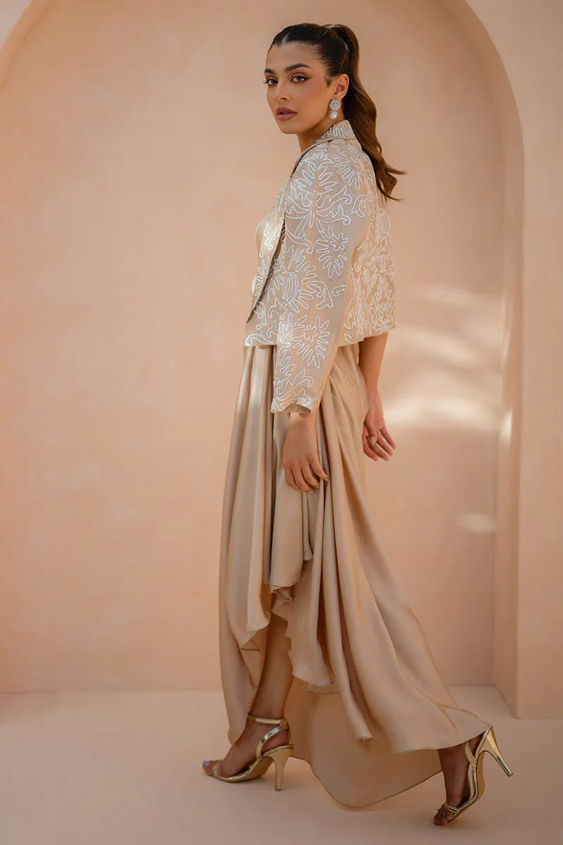 Silk Dress Seraphina front view in taupe charmeuse silk.