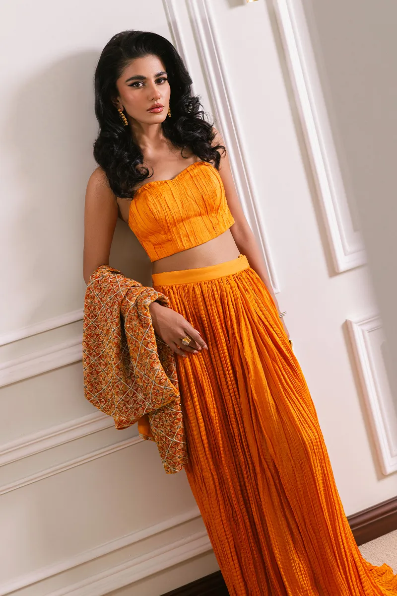 Orange velvet short jacket with intricate embroidery and embellishments