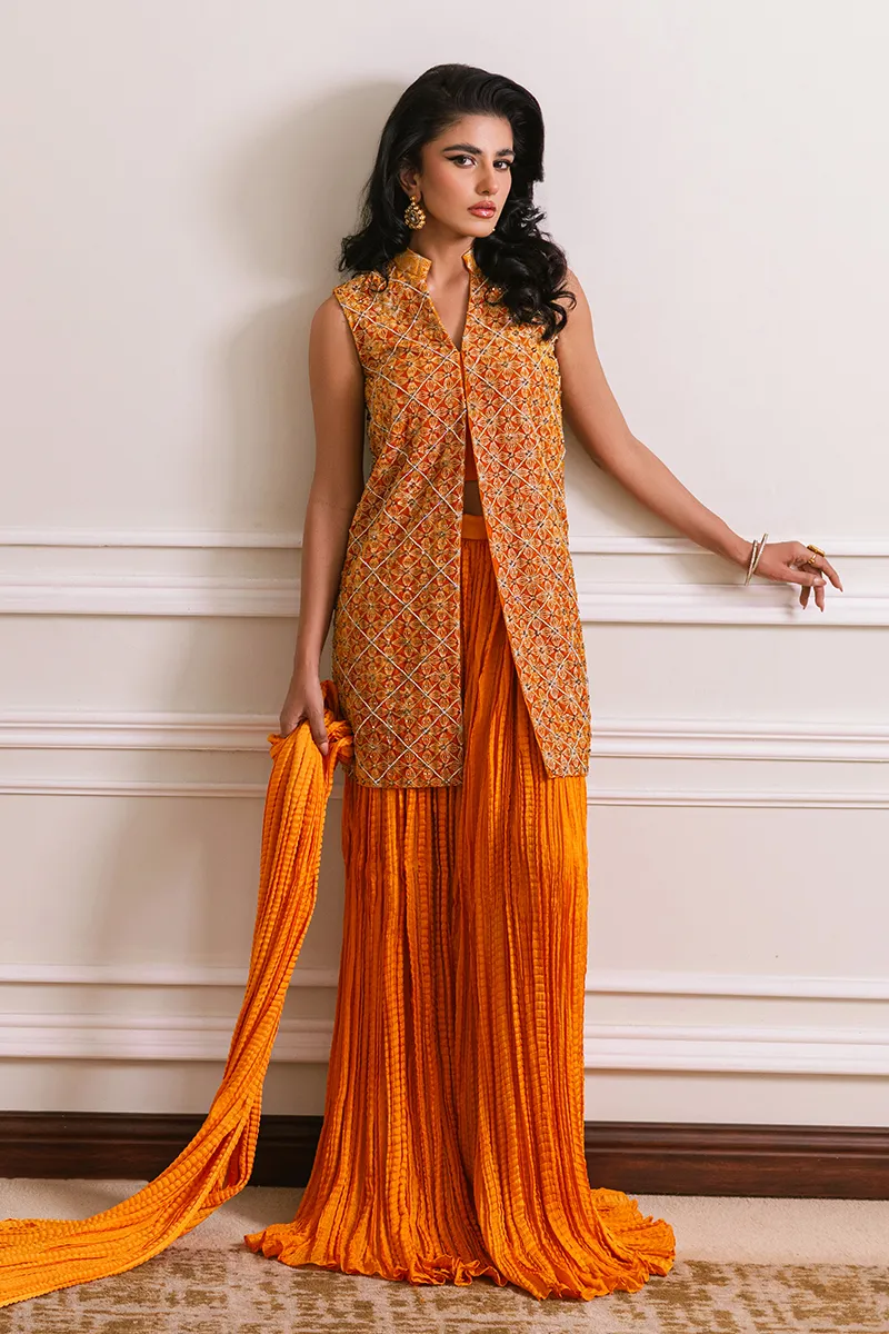 Orange velvet short jacket with intricate embroidery and embellishments