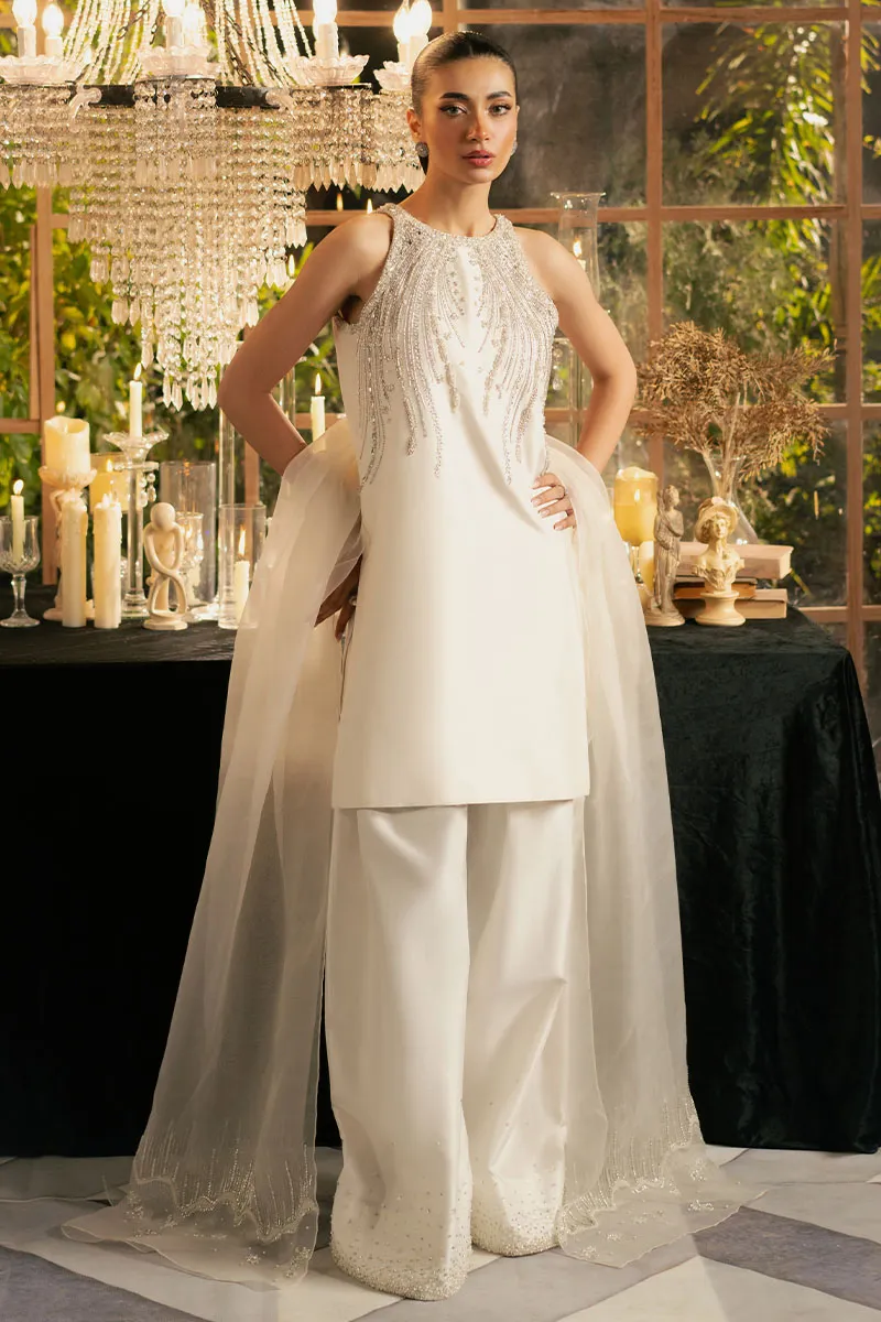 White Embellished Korean Silk Outfit – SILVANA with Silver Details ✨