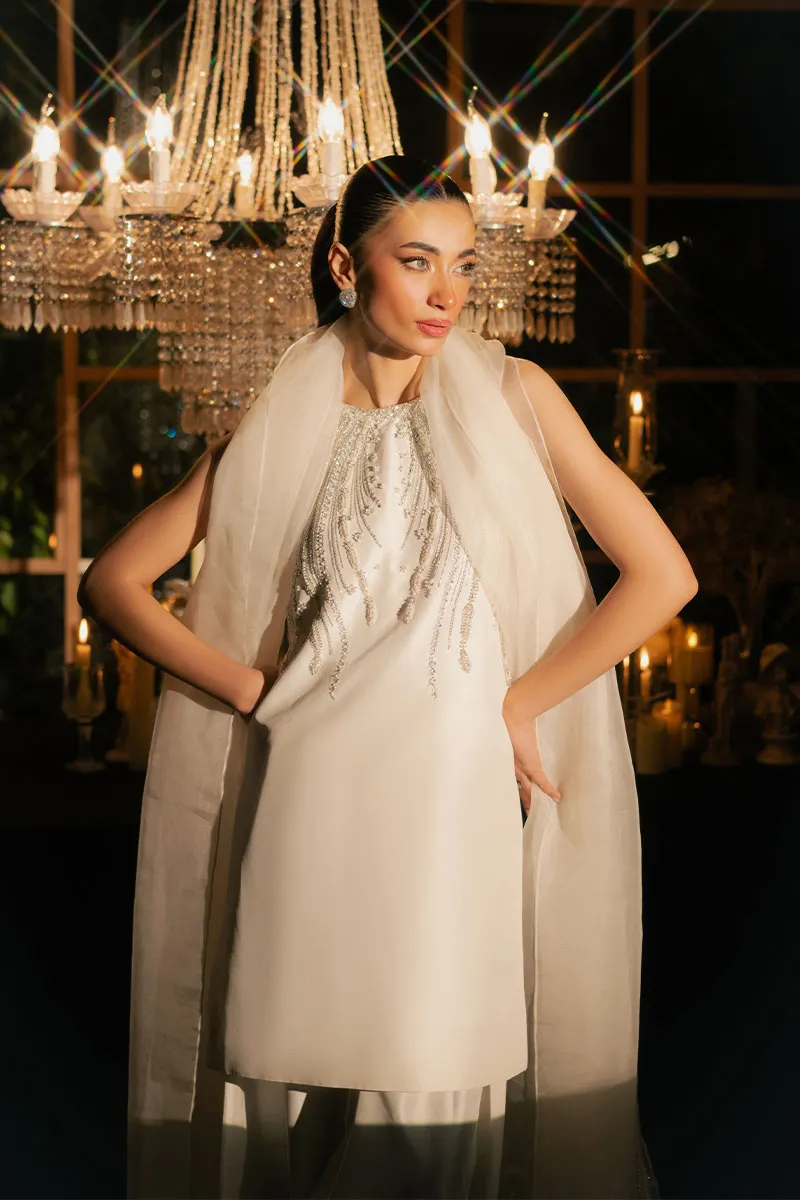 White Embellished Korean Silk Outfit – Elegant Korean Silk Dress with Silver Embellishments 🌟