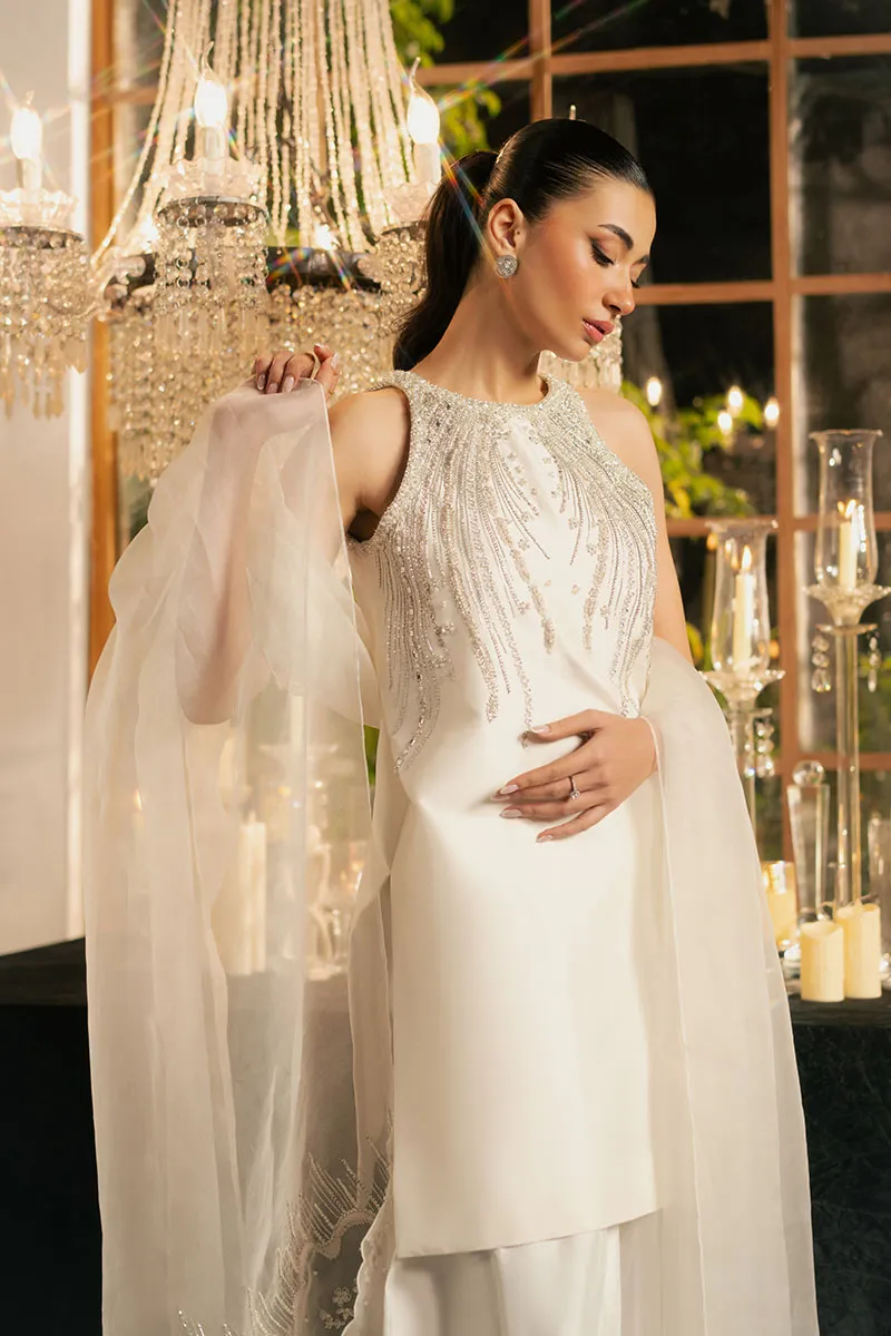 White Embellished Korean Silk Outfit – Luxury Short Shirt and Baggy Shalwar in White Korean Silk 👗