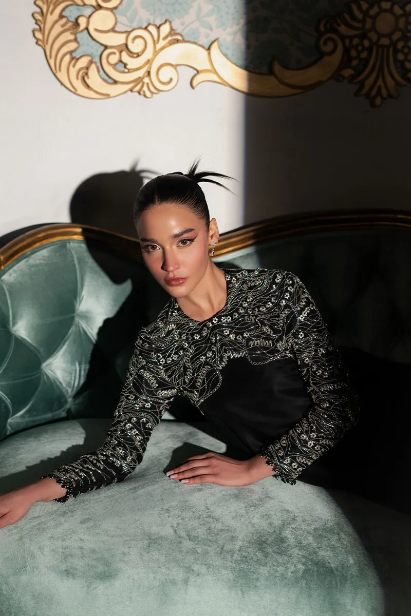 Black Embroidered Korean Silk Outfit for Special Occasions ????