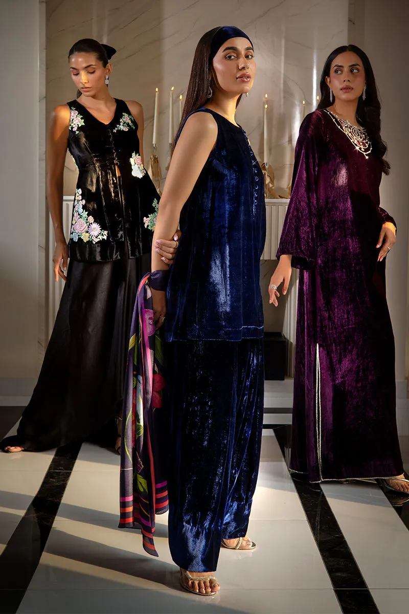 "Flattering velvet dress design with pearl embellishments for women"