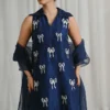 Navy Blue Dress | 40% Off | Buy Now – 2025 Trending Style Navy blue embroidered dress with modern flair, close-up shot.