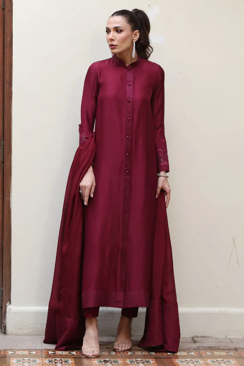 Burgundy Raw Silk Sherwani with intricate running stitch and embroidery for added sophistication.