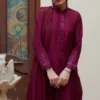 Burgundy Raw Silk Sherwani with intricate running stitch and embroidery for added sophistication.