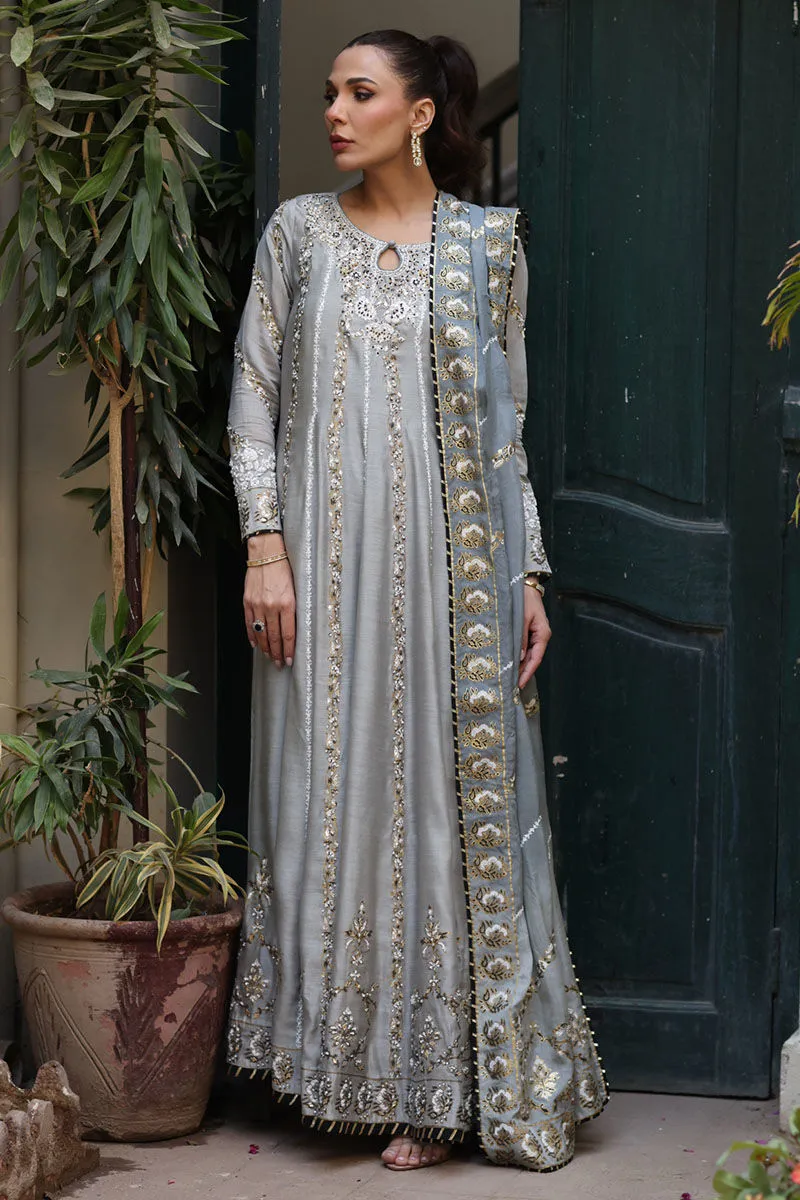 Grey Khadi Silk Kalidaar paired with a block print dupatta with lace edges