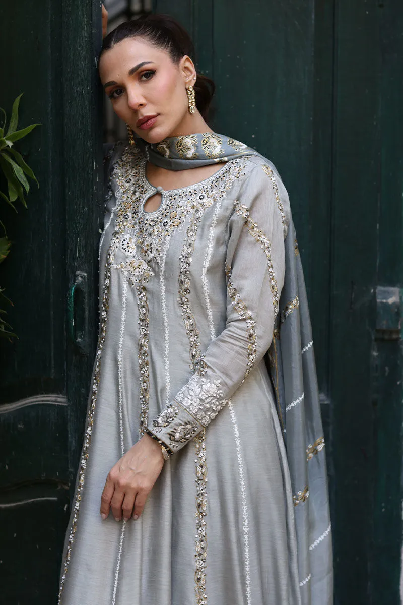 Grey Khadi Silk Kalidaar paired with a block print dupatta with lace edges
