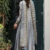 Grey Khadi Silk Kalidaar paired with a block print dupatta with lace edges