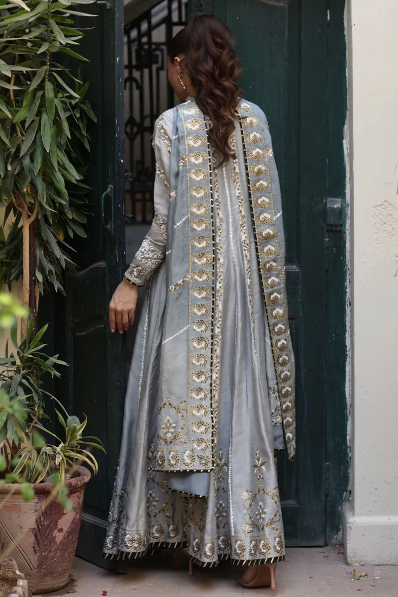 Grey Khadi Silk Kalidaar paired with a block print dupatta with lace edges
