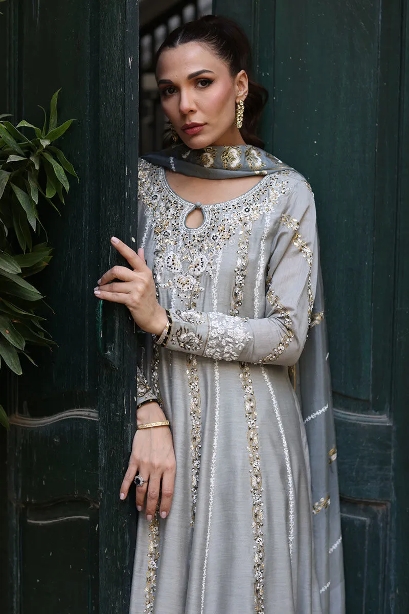 Grey Khadi Silk Kalidaar paired with a block print dupatta with lace edges