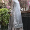 Grey Organza Upper with Intricate Floral and Swan Embroidery