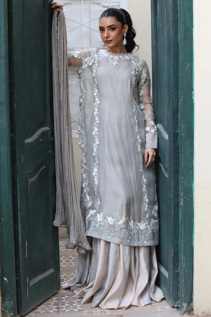 Grey Organza Upper with Intricate Floral and Swan Embroidery