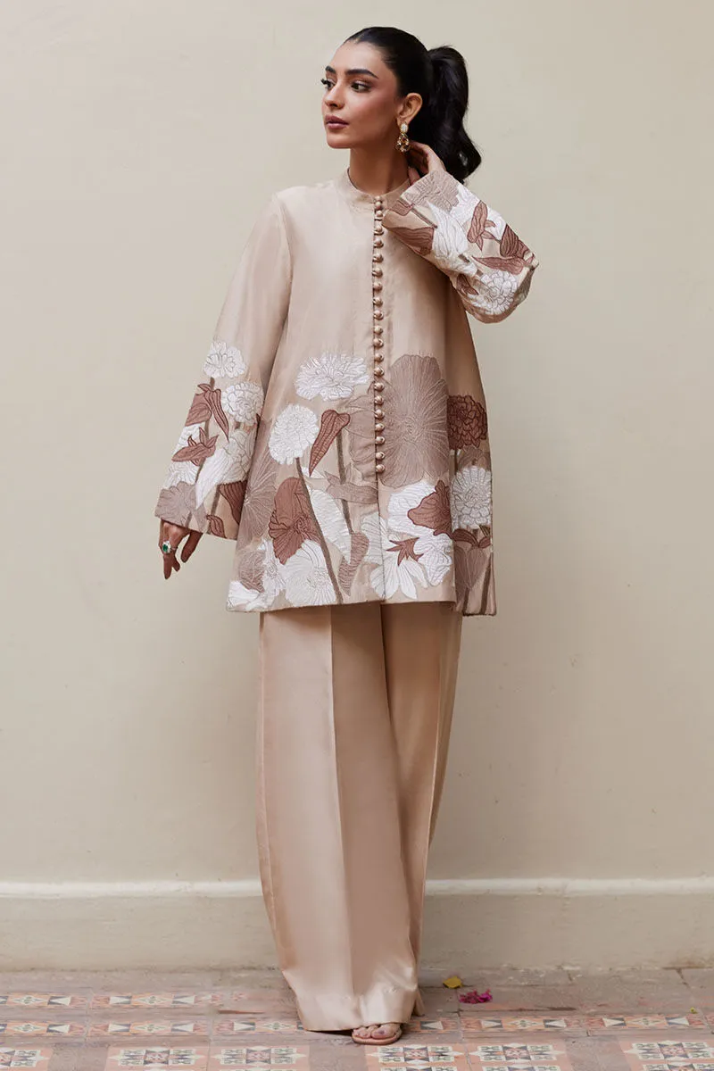 Taupe Raw Silk Closed Jacket with Monochrome Appliqué