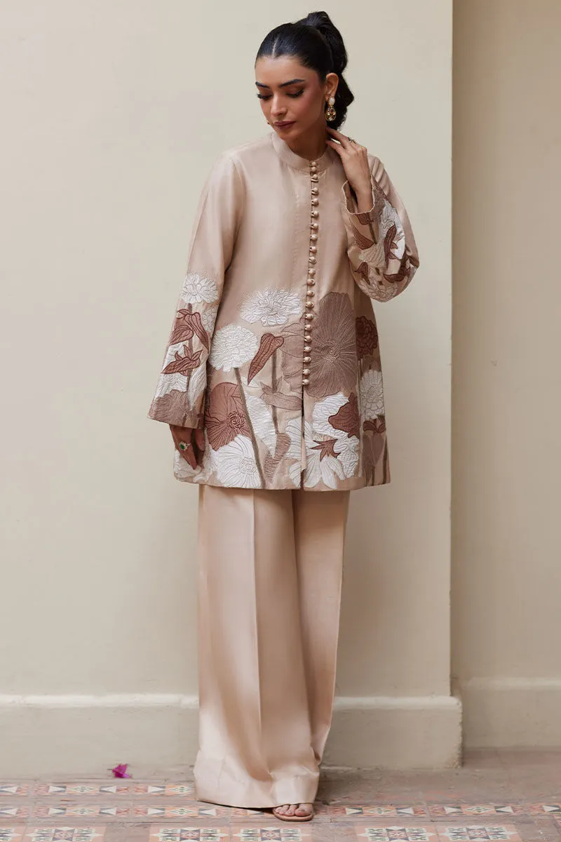 Taupe Raw Silk Closed Jacket with Monochrome Appliqué