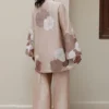Taupe Raw Silk Closed Jacket with Monochrome Appliqué