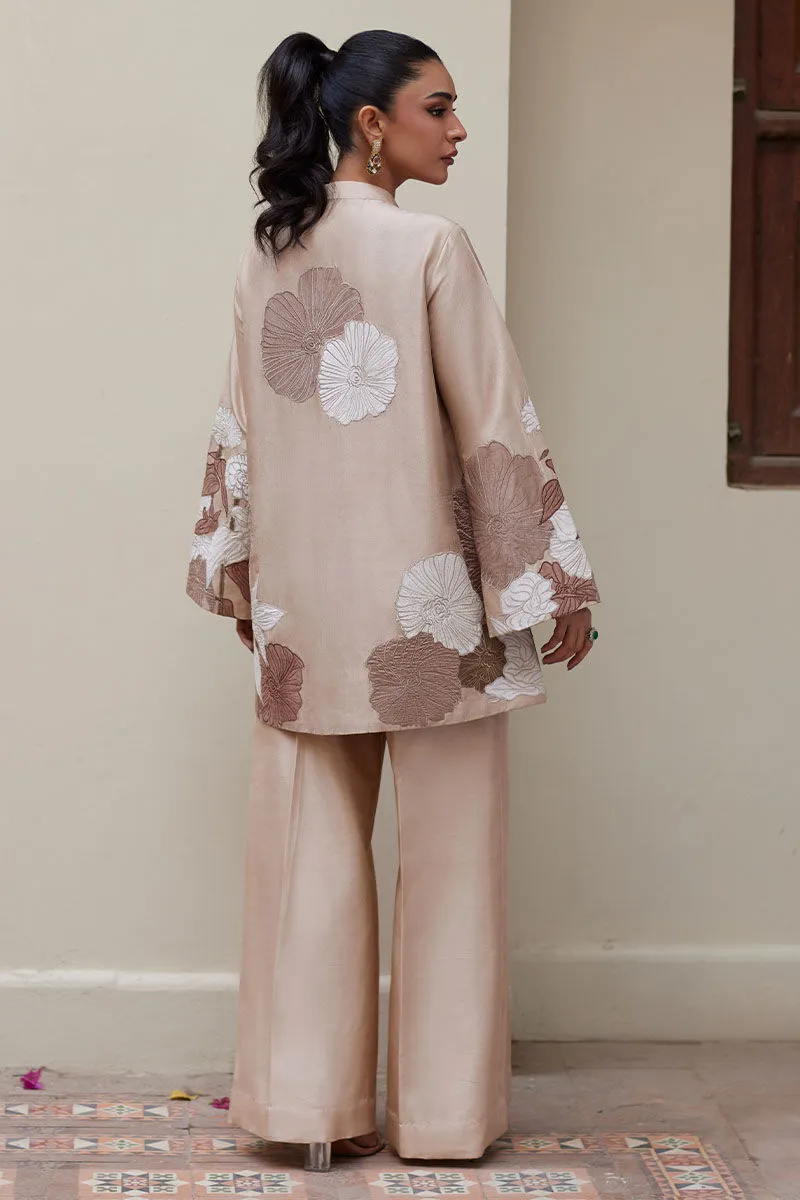 Taupe Raw Silk Closed Jacket with Monochrome Appliqué