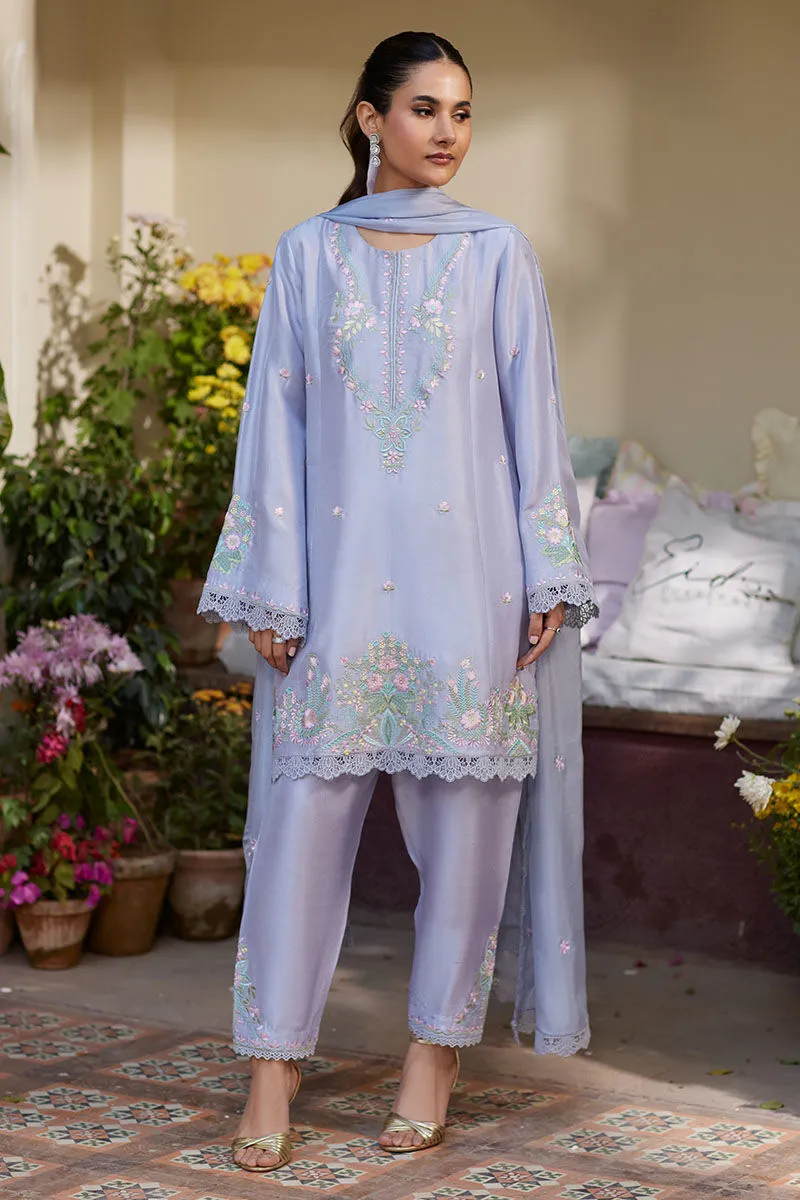 Luxurious Periwinkle Raw Silk Short Shirt with Pastel Embroidery
