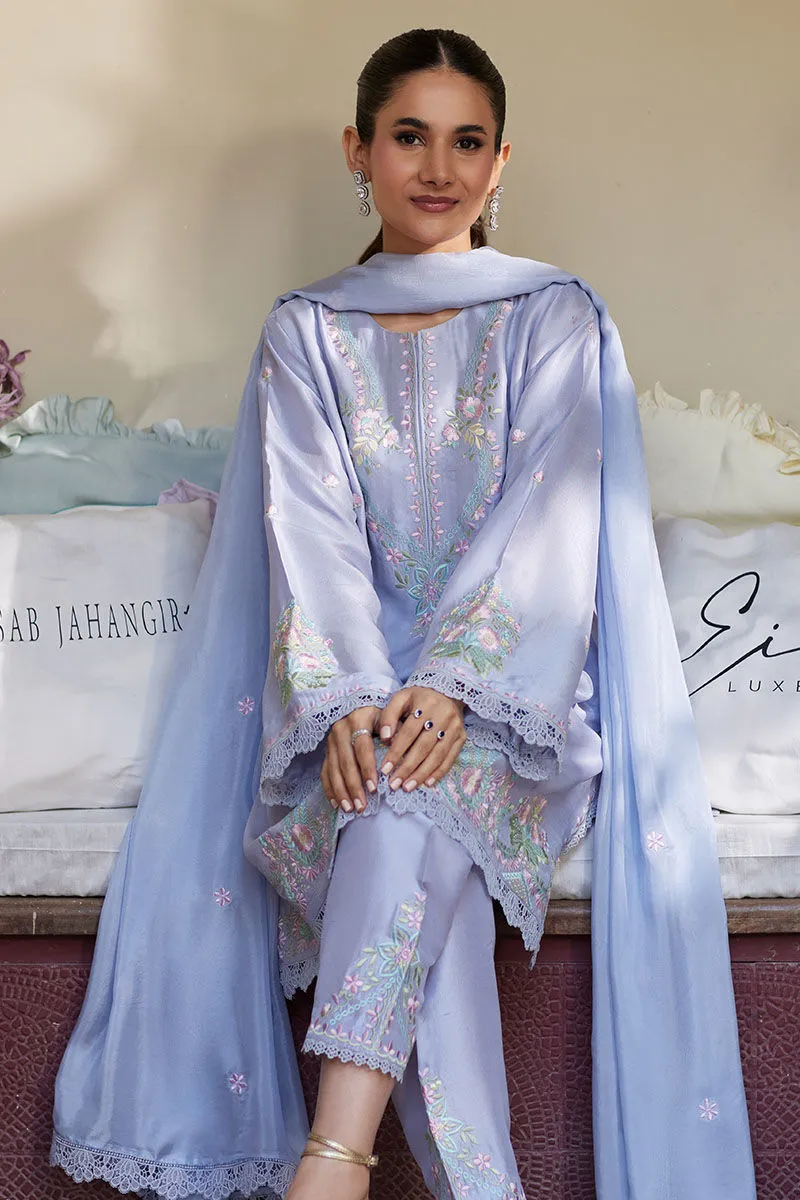 Luxurious Periwinkle Raw Silk Short Shirt with Pastel Embroidery