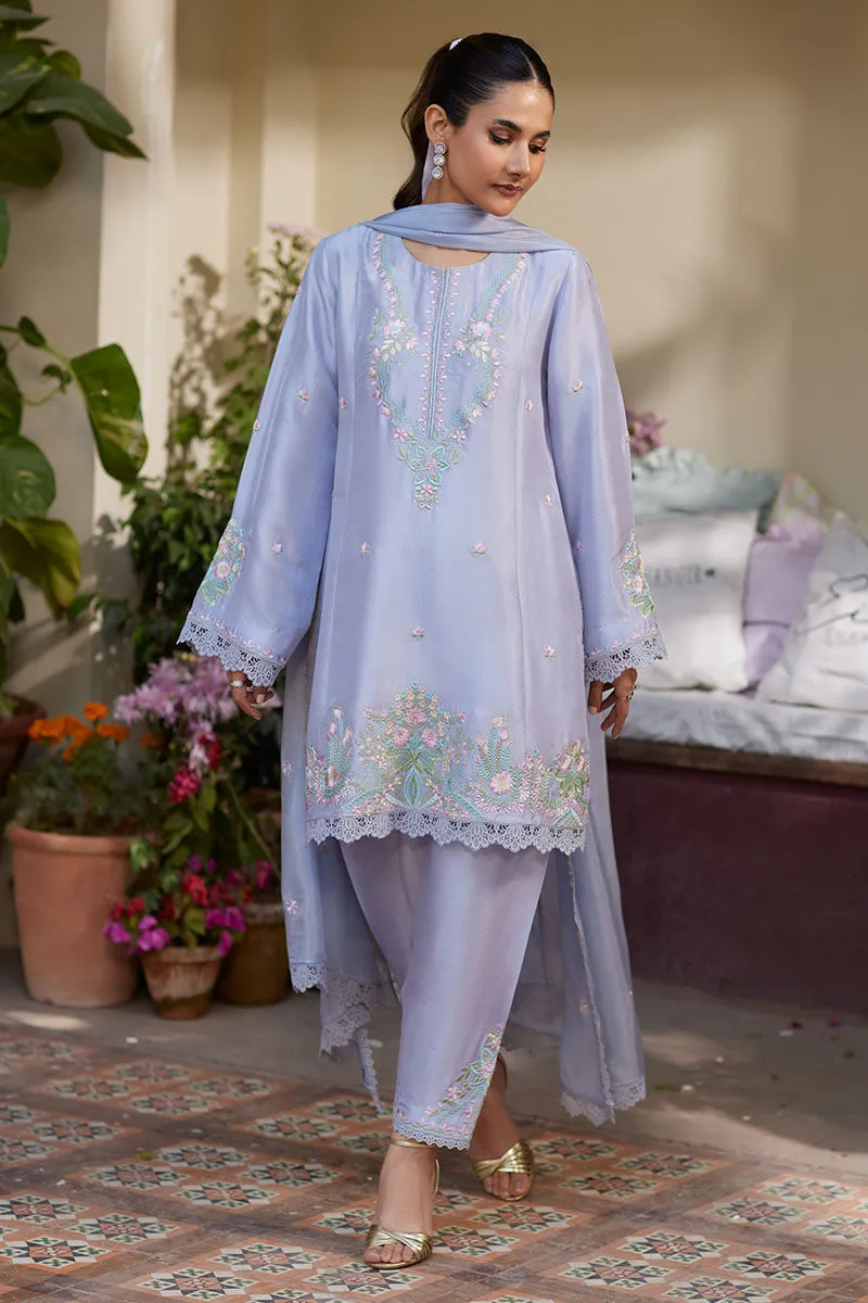 Luxurious Periwinkle Raw Silk Short Shirt with Pastel Embroidery