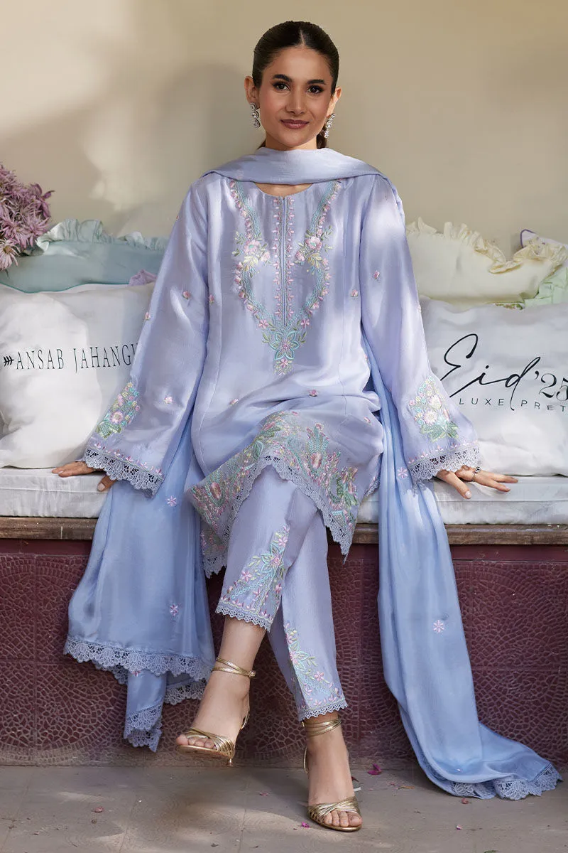 Luxurious Periwinkle Raw Silk Short Shirt with Pastel Embroidery