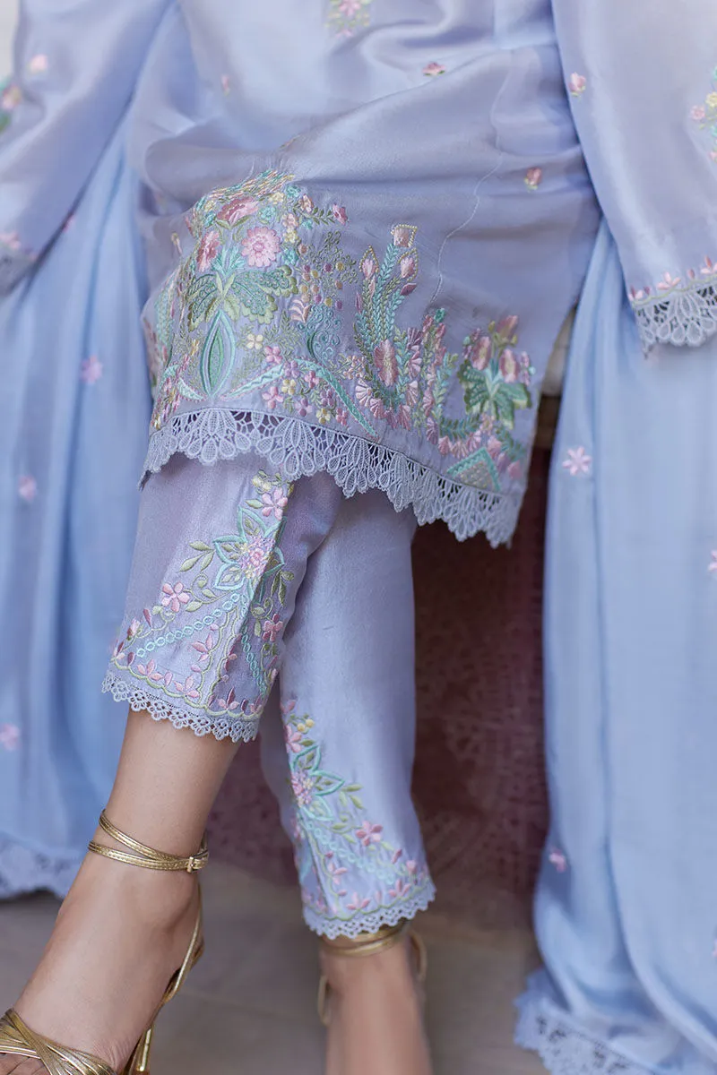 Luxurious Periwinkle Raw Silk Short Shirt with Pastel Embroidery