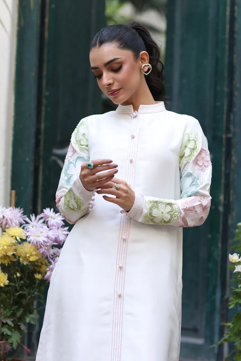 Ivory Raw Silk Shirt with Pastel Floral Appliqué and Sequins