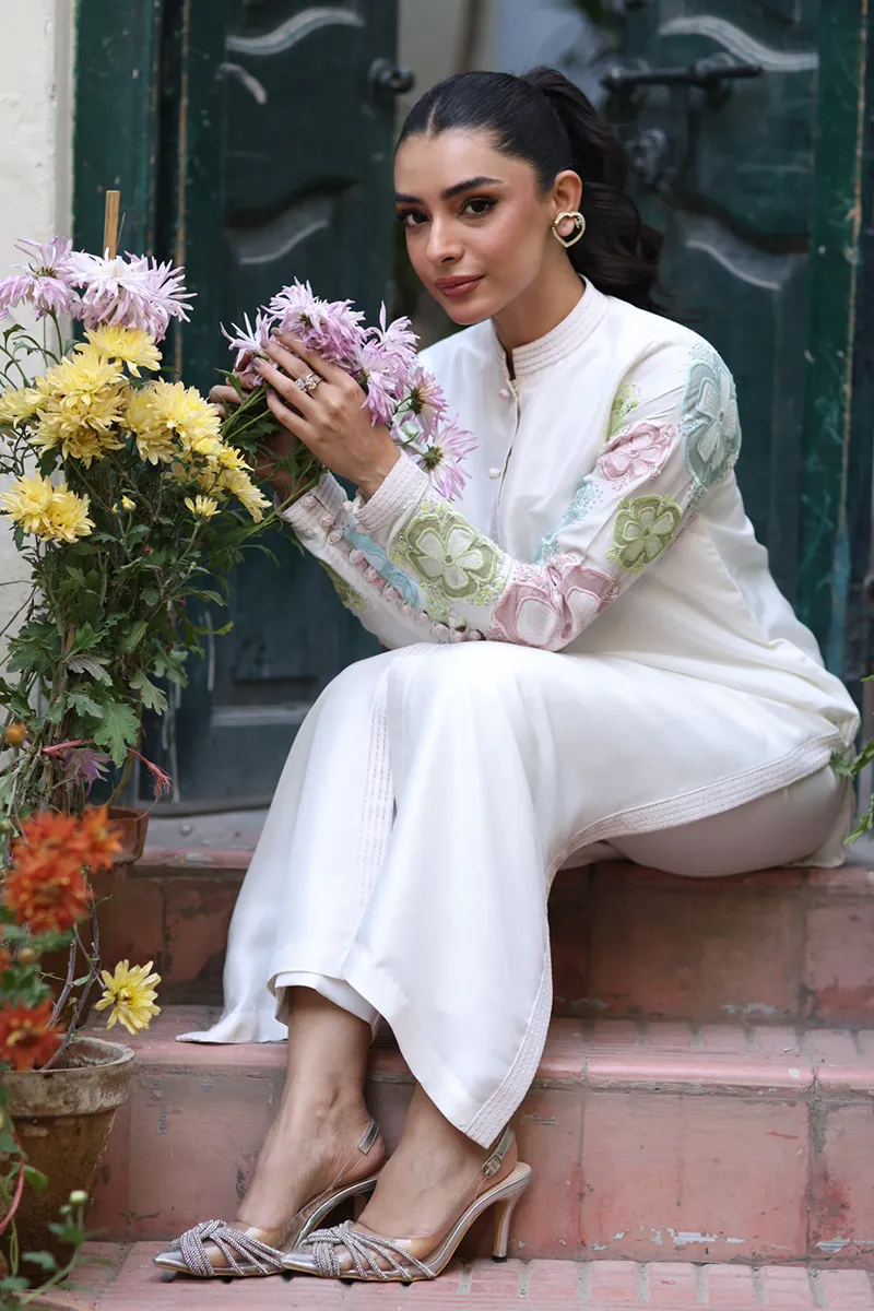Ivory Raw Silk Shirt with Pastel Floral Appliqué and Sequins
