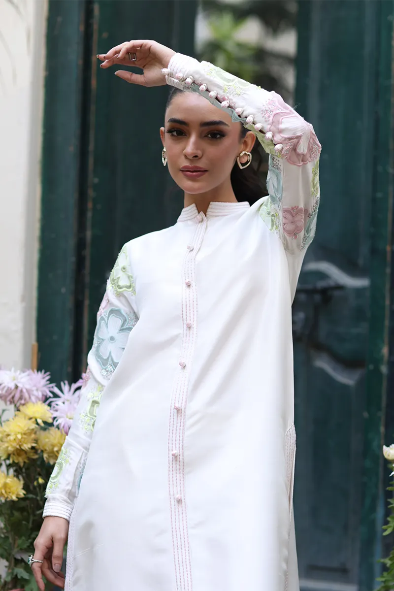 Ivory Raw Silk Shirt with Pastel Floral Appliqué and Sequins