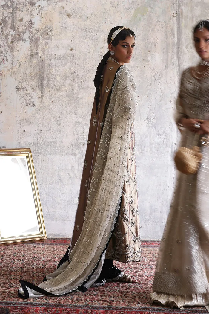 Antique Gold Chogha with Adda Work and 3D Floral Embellishments