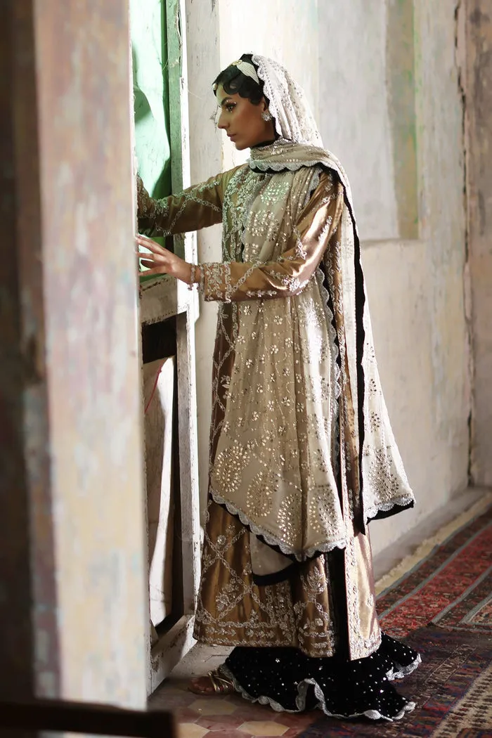 Antique Gold Chogha with Adda Work and 3D Floral Embellishments