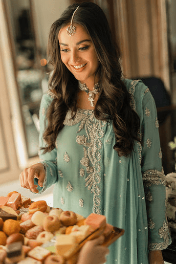 Blue Khaddi Net Long Shirt – Close-Up of Hand Embroidery