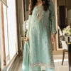 Blue Khaddi Net Long Shirt with Embellished Sleeves & Borders