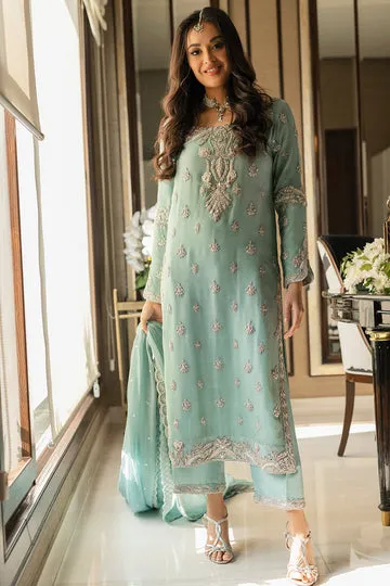 Blue Khaddi Net Long Shirt with Embellished Sleeves & Borders