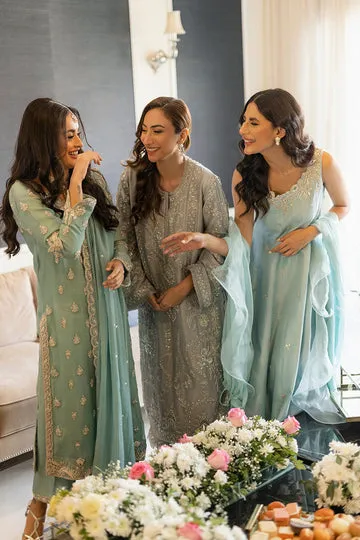 Blue Khaddi Net Long Shirt with Elegant Embellished Dupatta