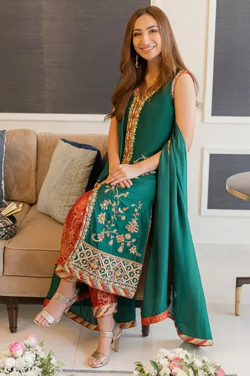 Teal Raw Silk Shirt with Embroidered Floral Patterns