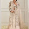 Beige Raw Silk Lehenga Choli – Front-Open Jacket with Cutwork Sleeves