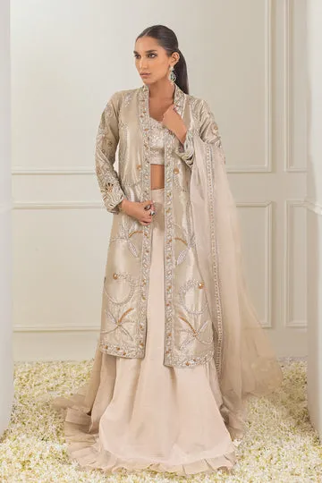 Beige Raw Silk Lehenga Choli – Front-Open Jacket with Cutwork Sleeves