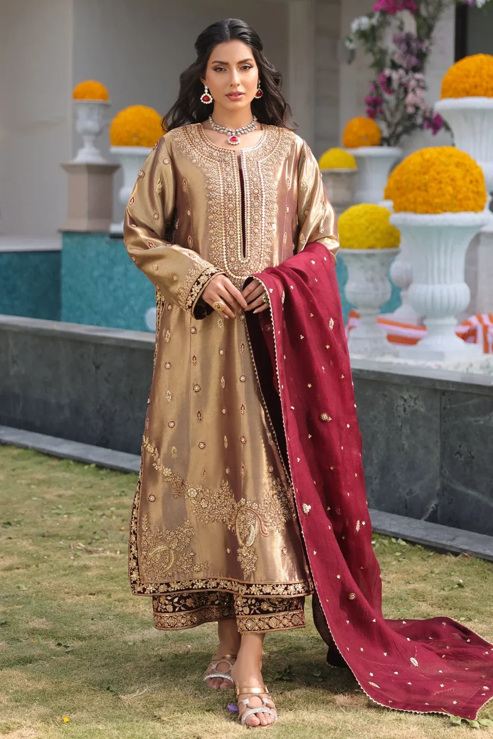 copper tissue lama shirt paired with velvet culottes and organza dupatta