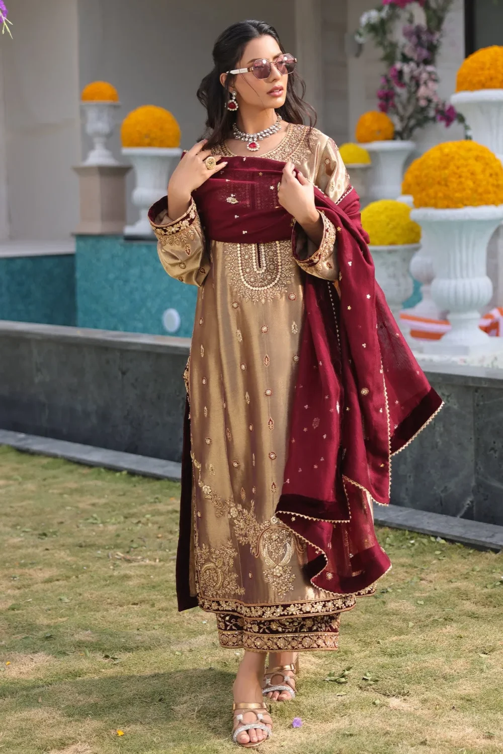 copper tissue lama shirt paired with velvet culottes and organza dupatta