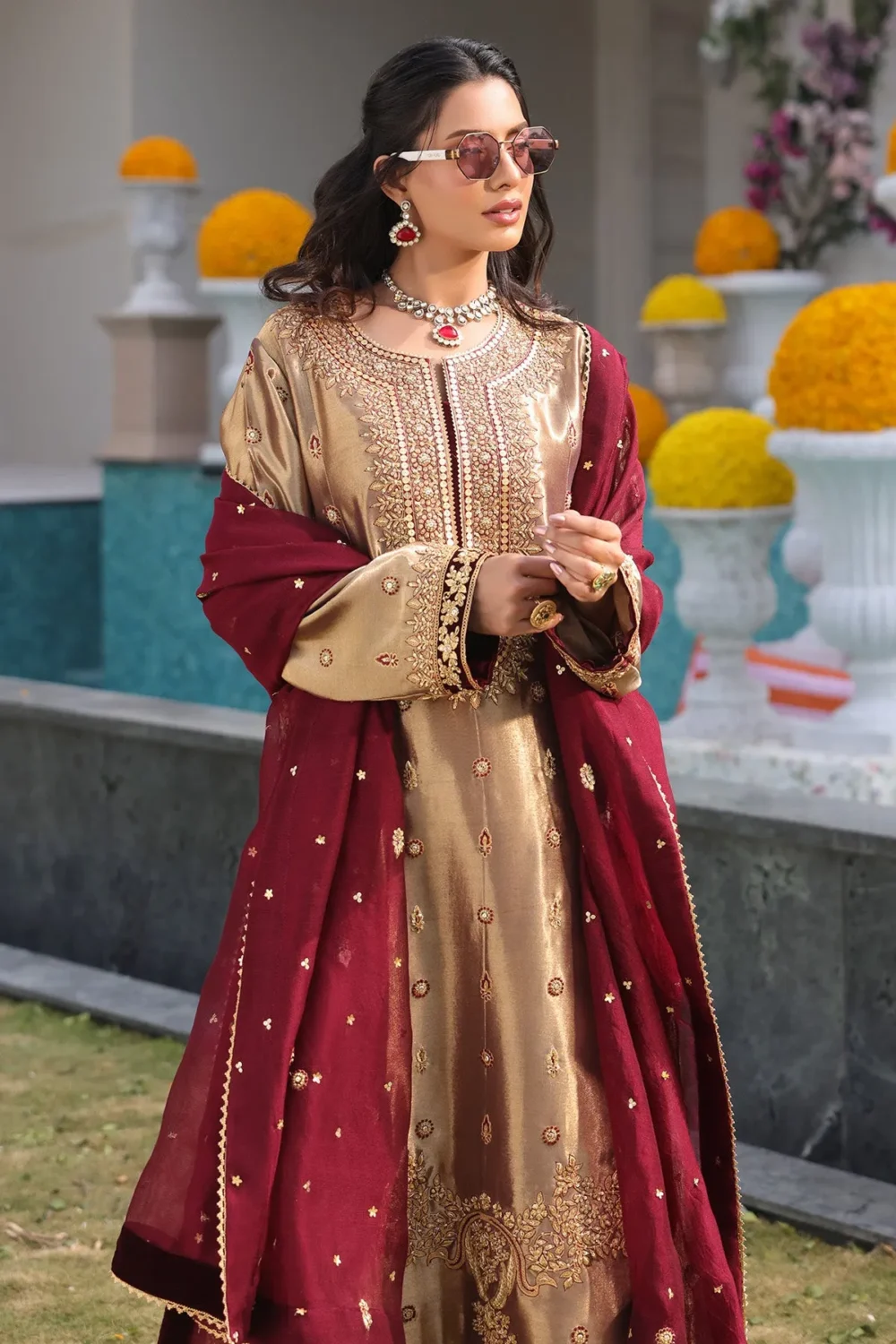 copper tissue lama shirt paired with velvet culottes and organza dupatta