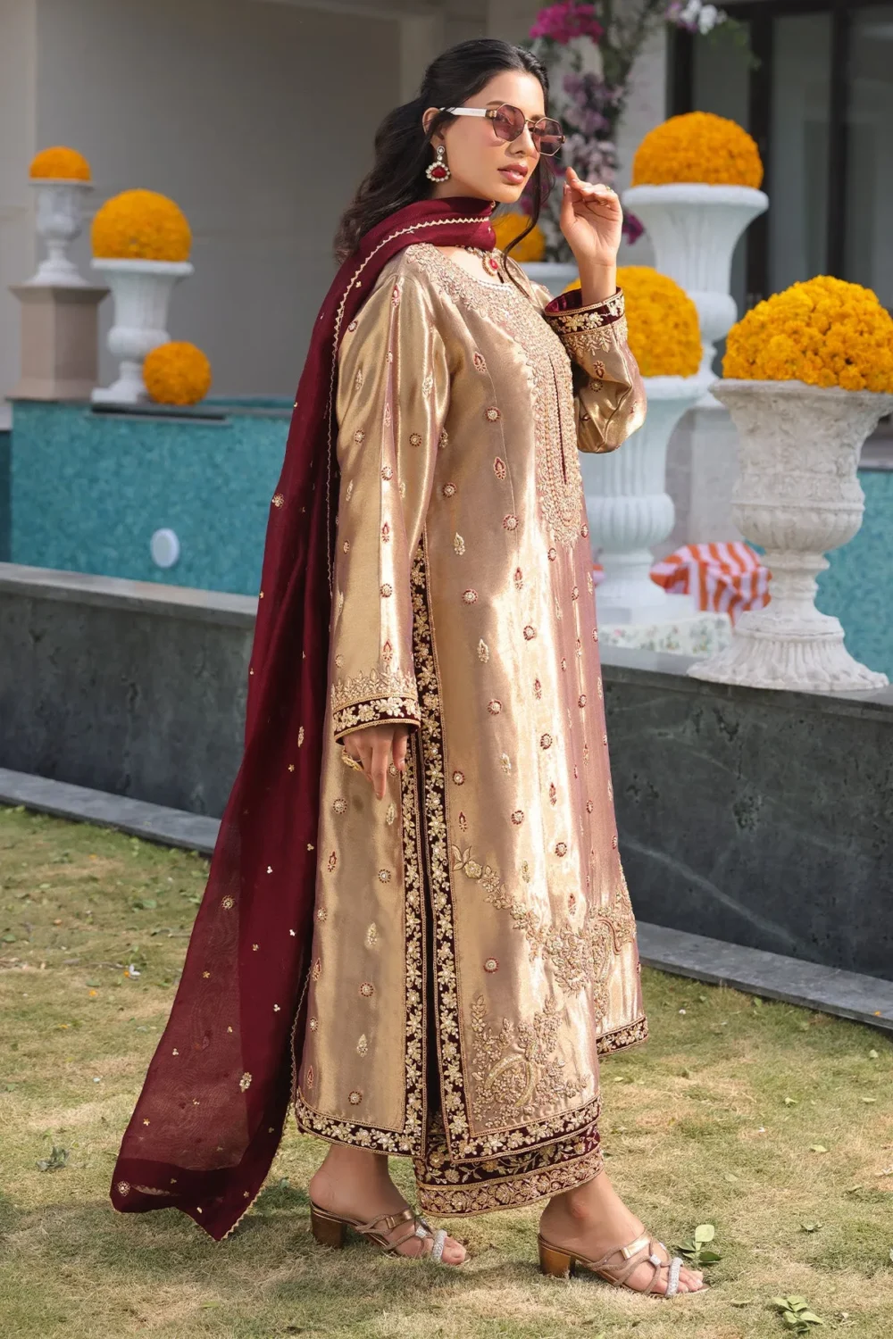 copper tissue lama shirt paired with velvet culottes and organza dupatta