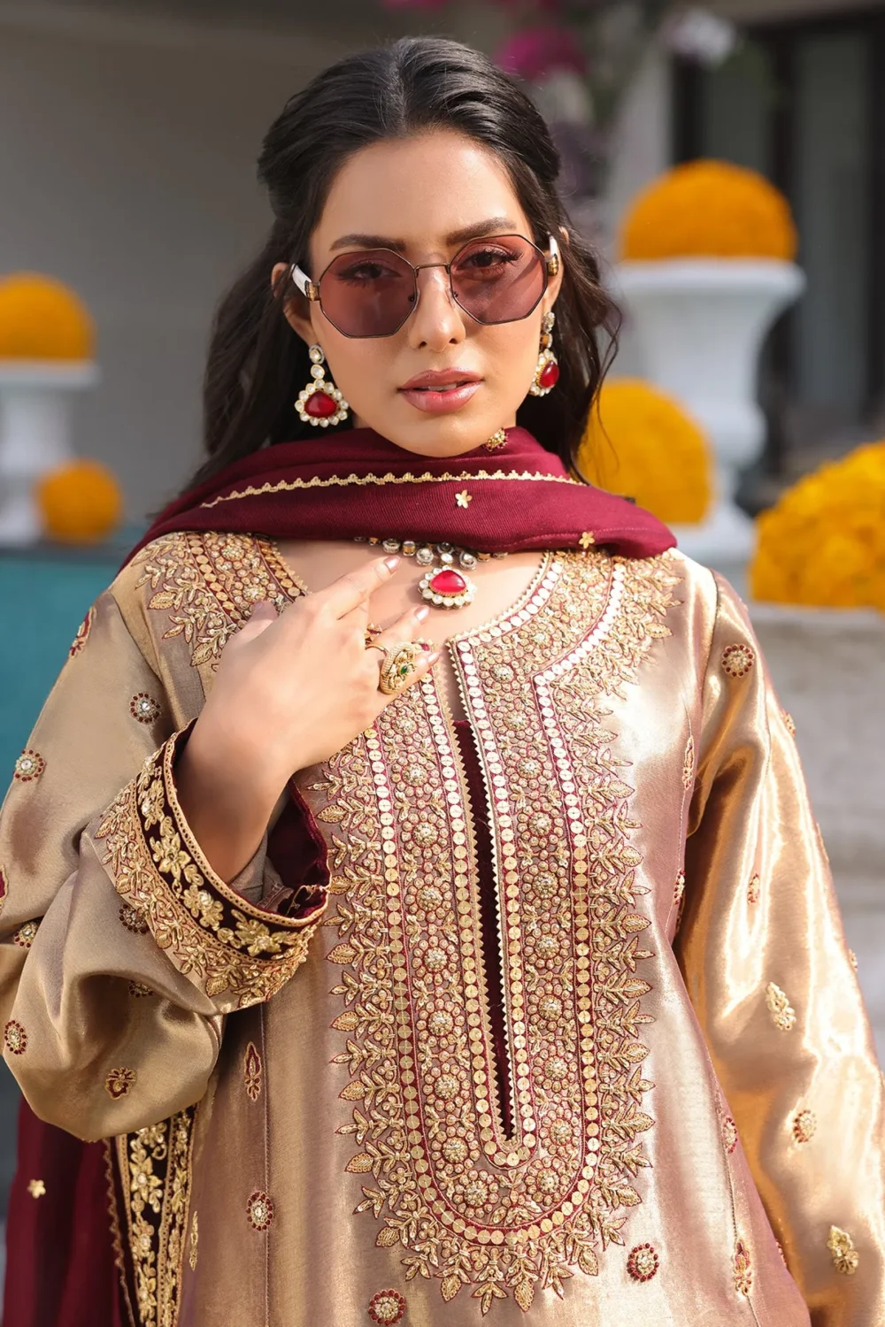 copper tissue lama shirt paired with velvet culottes and organza dupatta