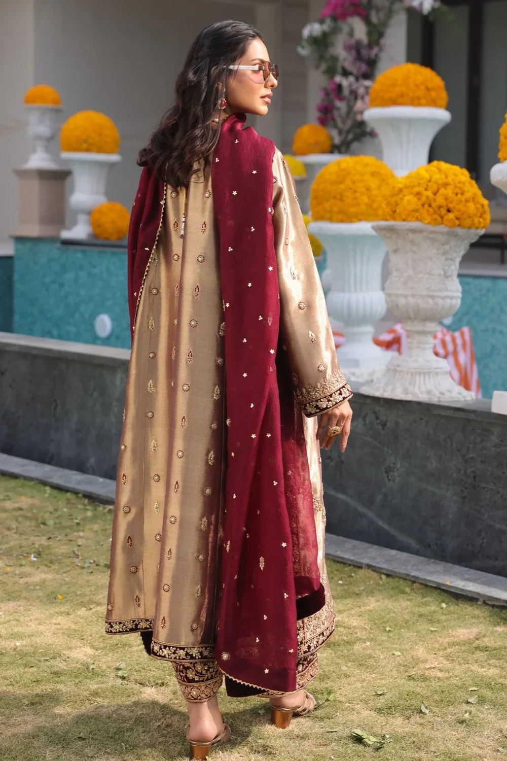 copper tissue lama shirt paired with velvet culottes and organza dupatta
