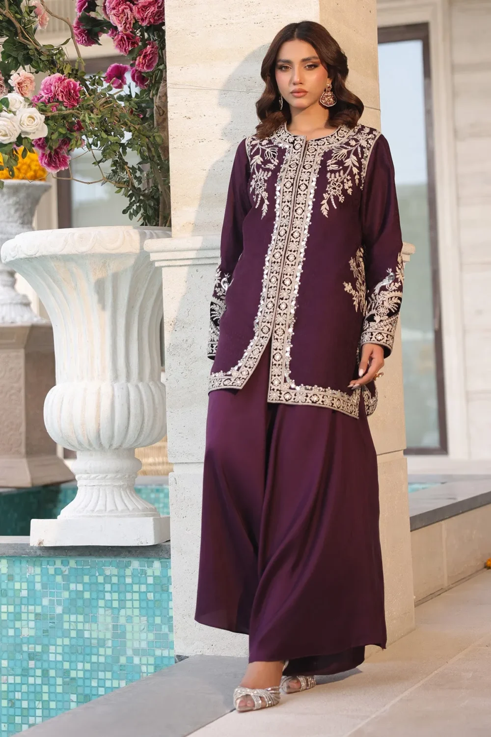 Mulberry purple short jacket with dori embroidery and mirror work