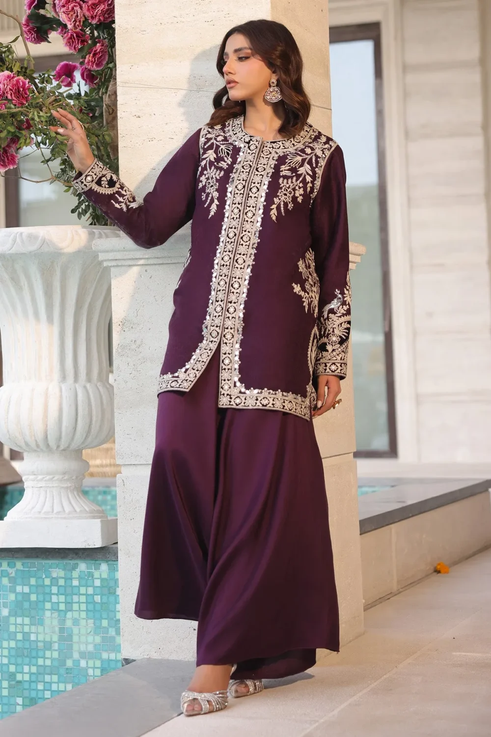 Mulberry purple short jacket with dori embroidery and mirror work