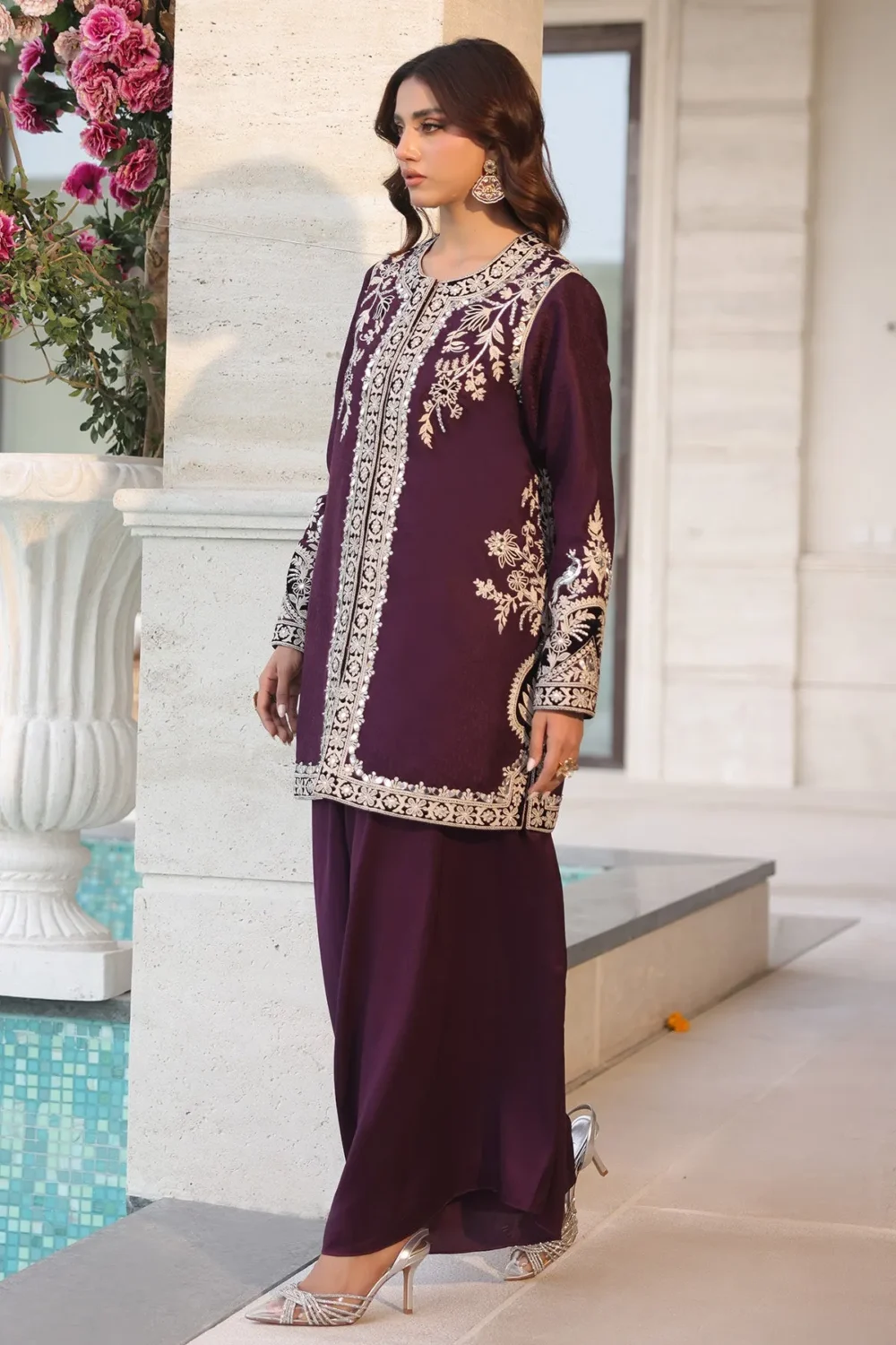 Mulberry purple short jacket with dori embroidery and mirror work